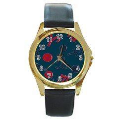 Zodiac Signs Planets Blue Red Space Round Gold Metal Watch