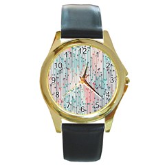 Vertical Behance Line Polka Dot Grey Pink Round Gold Metal Watch