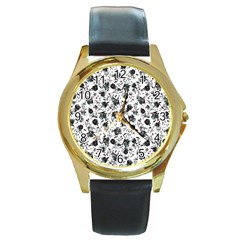 Floral Pattern Round Gold Metal Watch