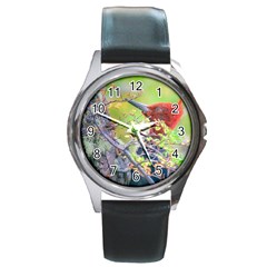 Woodpecker At Forest Pecking Tree, Patagonia, Argentina Round Metal Watch by dflcprints