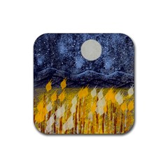 Blue And Gold Landscape With Moon Rubber Coaster (square)  by digitaldivadesigns