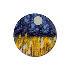 Blue And Gold Landscape With Moon Rubber Coaster (round)  by digitaldivadesigns