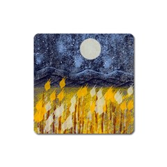 Blue And Gold Landscape With Moon Square Magnet by digitaldivadesigns