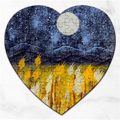 Blue And Gold Landscape With Moon Jigsaw Puzzle (heart) by digitaldivadesigns