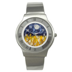 Blue And Gold Landscape With Moon Stainless Steel Watch by digitaldivadesigns