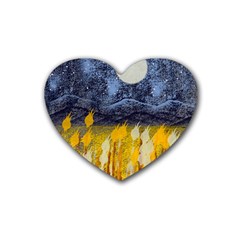 Blue And Gold Landscape With Moon Rubber Coaster (heart)  by digitaldivadesigns