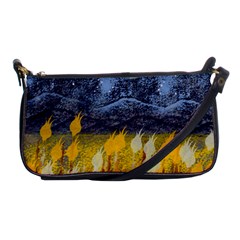 Blue And Gold Landscape With Moon Shoulder Clutch Bags by digitaldivadesigns