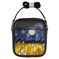 Blue And Gold Landscape With Moon Girls Sling Bags by digitaldivadesigns