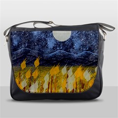 Blue And Gold Landscape With Moon Messenger Bags by digitaldivadesigns