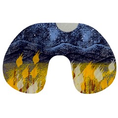 Blue And Gold Landscape With Moon Travel Neck Pillows by digitaldivadesigns