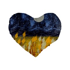 Blue And Gold Landscape With Moon Standard 16  Premium Flano Heart Shape Cushions by digitaldivadesigns