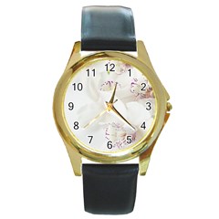 Orchids Flowers White Background Round Gold Metal Watch