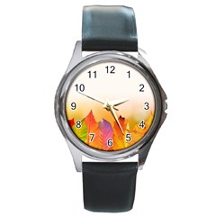 Autumn Leaves Colorful Fall Foliage Round Metal Watch by Nexatart