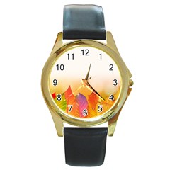 Autumn Leaves Colorful Fall Foliage Round Gold Metal Watch by Nexatart