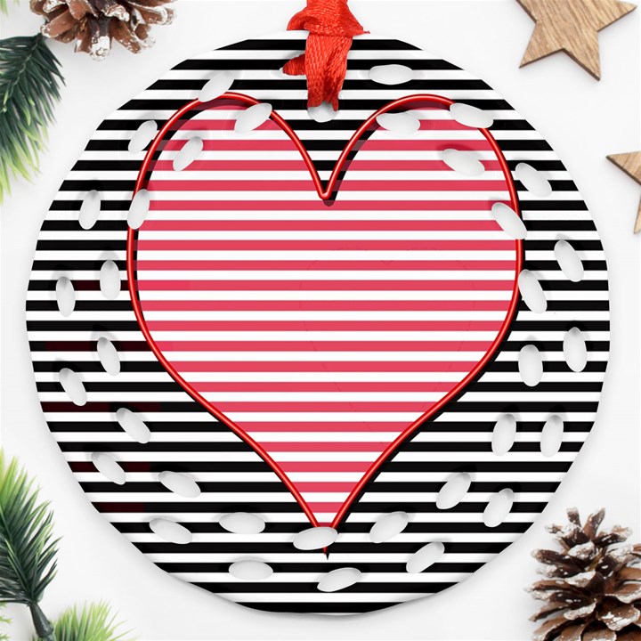 Heart Stripes Symbol Striped Ornament (Round Filigree)