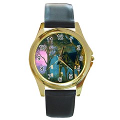 Background Forest Trees Nature Round Gold Metal Watch by Nexatart