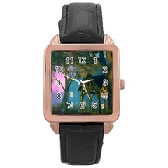 Background Forest Trees Nature Rose Gold Leather Watch  by Nexatart