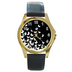 Butterfly Pattern Round Gold Metal Watch by Valentinaart