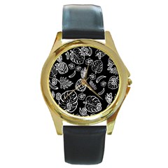 Tropical Pattern Round Gold Metal Watch by Valentinaart