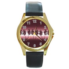 Tropical Sunset Round Gold Metal Watch by Valentinaart