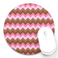 Shades Of Pink And Brown Retro Zigzag Chevron Pattern Round Mousepads by Nexatart