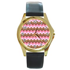 Shades Of Pink And Brown Retro Zigzag Chevron Pattern Round Gold Metal Watch by Nexatart