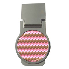 Shades Of Pink And Brown Retro Zigzag Chevron Pattern Money Clips (round)  by Nexatart