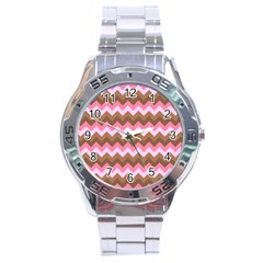 Shades Of Pink And Brown Retro Zigzag Chevron Pattern Stainless Steel Analogue Watch by Nexatart