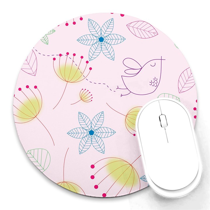 Pretty Summer Garden Floral Bird Pink Seamless Pattern Round Mousepads