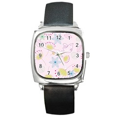 Pretty Summer Garden Floral Bird Pink Seamless Pattern Square Metal Watch by Nexatart