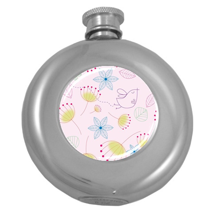 Pretty Summer Garden Floral Bird Pink Seamless Pattern Round Hip Flask (5 oz)