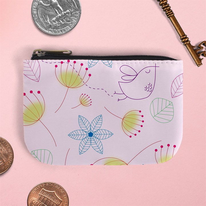 Pretty Summer Garden Floral Bird Pink Seamless Pattern Mini Coin Purses