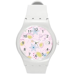 Pretty Summer Garden Floral Bird Pink Seamless Pattern Round Plastic Sport Watch (m) by Nexatart