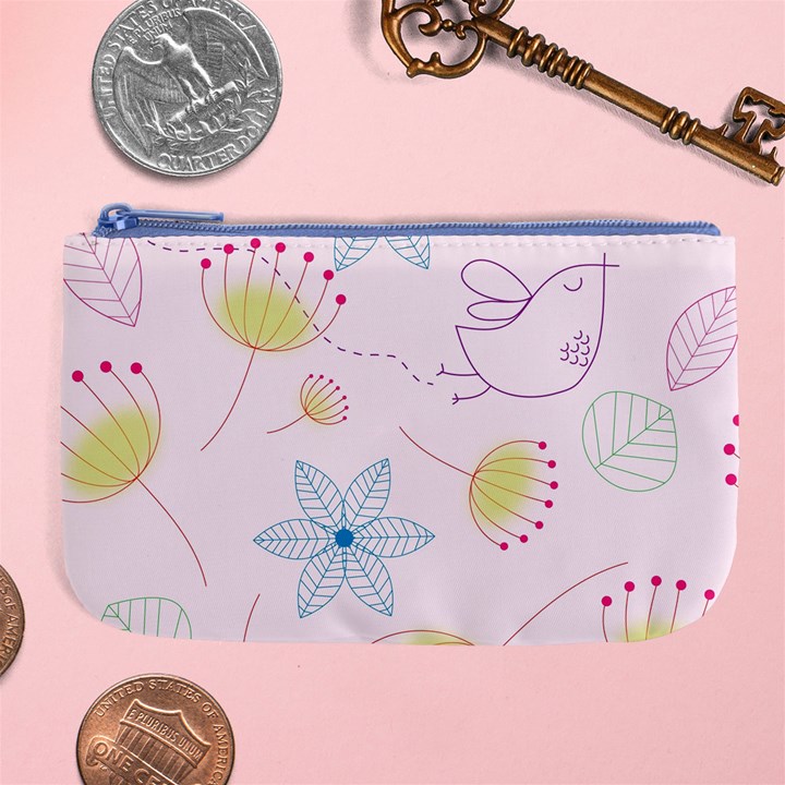 Pretty Summer Garden Floral Bird Pink Seamless Pattern Large Coin Purse