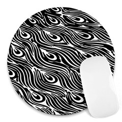 Digitally Created Peacock Feather Pattern In Black And White Round Mousepads by Nexatart