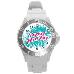 Happy Brithday Typographic Design Round Plastic Sport Watch (l) by dflcprints