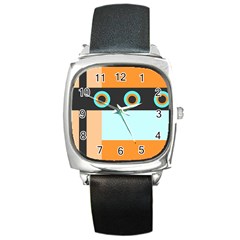 Orange, Aqua, Black Spots And Stripes Square Metal Watch by digitaldivadesigns