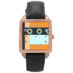 Orange, Aqua, Black Spots And Stripes Rose Gold Leather Watch  by digitaldivadesigns