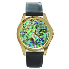 Pixel Pattern A Completely Seamless Background Design Round Gold Metal Watch by Nexatart