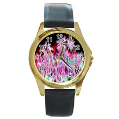 Fractal Fireworks Display Pattern Round Gold Metal Watch by Nexatart