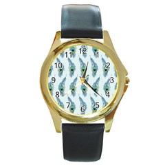 Background Of Beautiful Peacock Feathers Round Gold Metal Watch by Nexatart