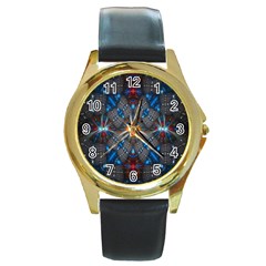 Fancy Fractal Pattern Background Accented With Pretty Colors Round Gold Metal Watch by Nexatart