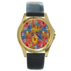 Background With Multi Color Floral Pattern Round Gold Metal Watch by Nexatart