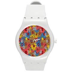 Background With Multi Color Floral Pattern Round Plastic Sport Watch (m) by Nexatart