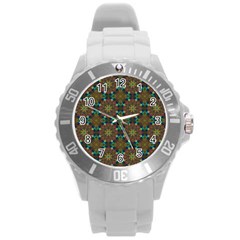 Seamless Abstract Peacock Feathers Abstract Pattern Round Plastic Sport Watch (l) by Nexatart