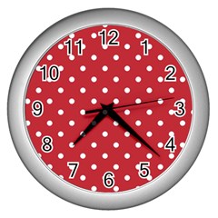 Red Polka Dots Wall Clocks (silver)  by LokisStuffnMore