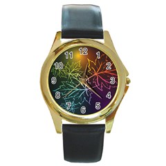 Beautiful Maple Leaf Neon Lights Leaves Marijuana Round Gold Metal Watch by Mariart