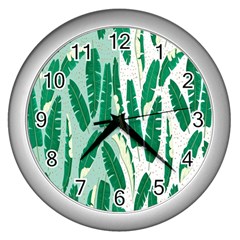 Banana Leaf Green Polka Dots Wall Clocks (silver)  by Mariart