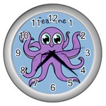 Colorful Cartoon Octopuses Pattern Fear Animals Sea Purple Wall Clocks (Silver)  Front