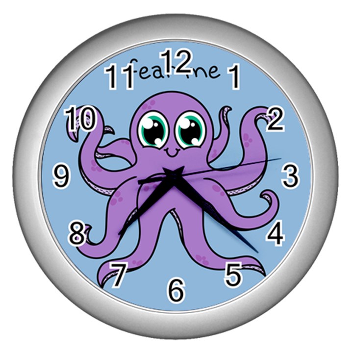 Colorful Cartoon Octopuses Pattern Fear Animals Sea Purple Wall Clocks (Silver) 